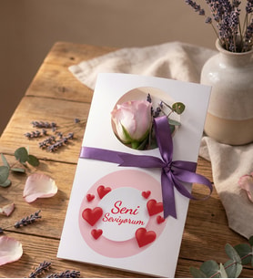 Kişiye Özel Lila Tek Gül ve Lavantalı Çiçek Kartı