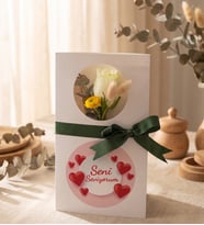 Kişiye Özel Beyaz Tek Gül ve Kasımpatı Çiçek Kartı