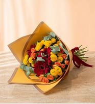 Sarı Bukette Kırmızı Gerbera ve Turuncu Güller