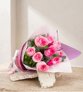 Lila Pembe Bukette 9'lu Pembe Gül