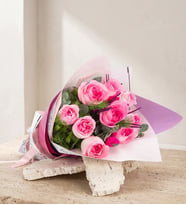 Lila Pembe Bukette 9'lu Pembe Gül