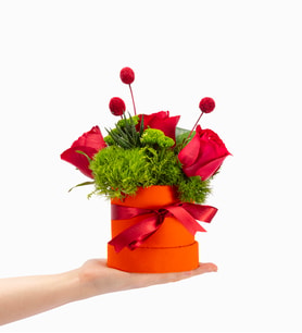 Turuncu Kutuda 3 Kırmızı Gül & Dianthus Green Trick