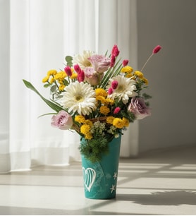 İyi Ki Varsın Mesajlı Kutuda Gerbera ve Lila Gül