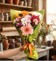 Yeşil Buket Kağıtlı Renkli Papatyalar