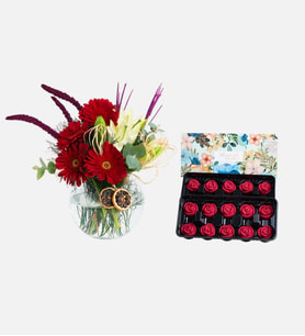 Akvaryum Vazoda Lilyum ve Gerbera & 20'li Gül Kek