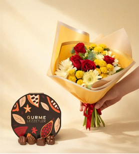 Kırmızı Gül, Sarı Kriaztem Buketi & Gurme Lezzetler