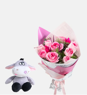 Buket Kağıtlı Pembe Gül ve Peluş Eşek