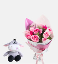 Buket Kağıtlı Pembe Gül ve Peluş Eşek