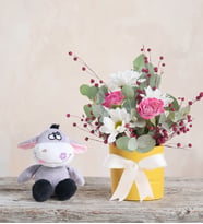 Sarı Saksıda Pembe Gül Papatya ve Peluş eşek