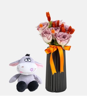 Siyah Vazoda Lila Gül ve Peluş Eşek
