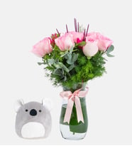 Cam Vazoda Pembe Gül ve Koala Yastık