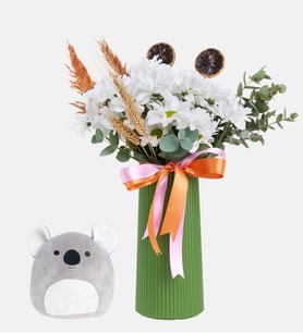 Yeşil Vazoda Beyaz Papatyalar ve Koala Yastık