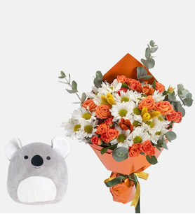 Buket Kağıtlı Papatya Turuncu Çardak Gül ve Koala