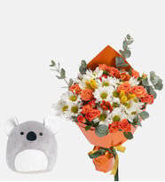 Buket Kağıtlı Papatya Turuncu Çardak Gül ve Koala