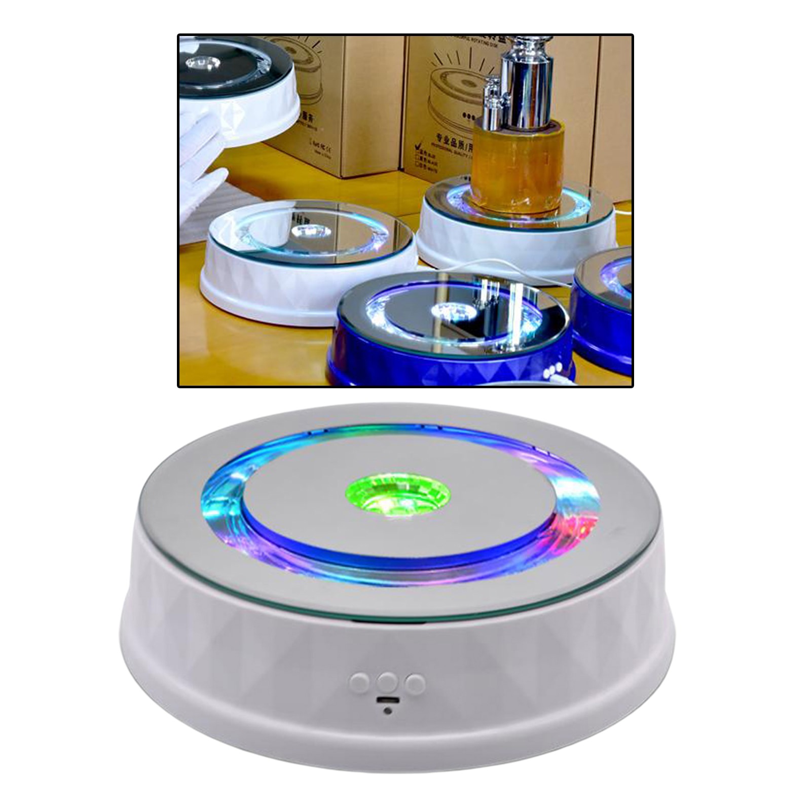 Plastic Display Stand Jewelry Rotating Table Colorful Lights Turntable Cosmetics Battery/USB Powered