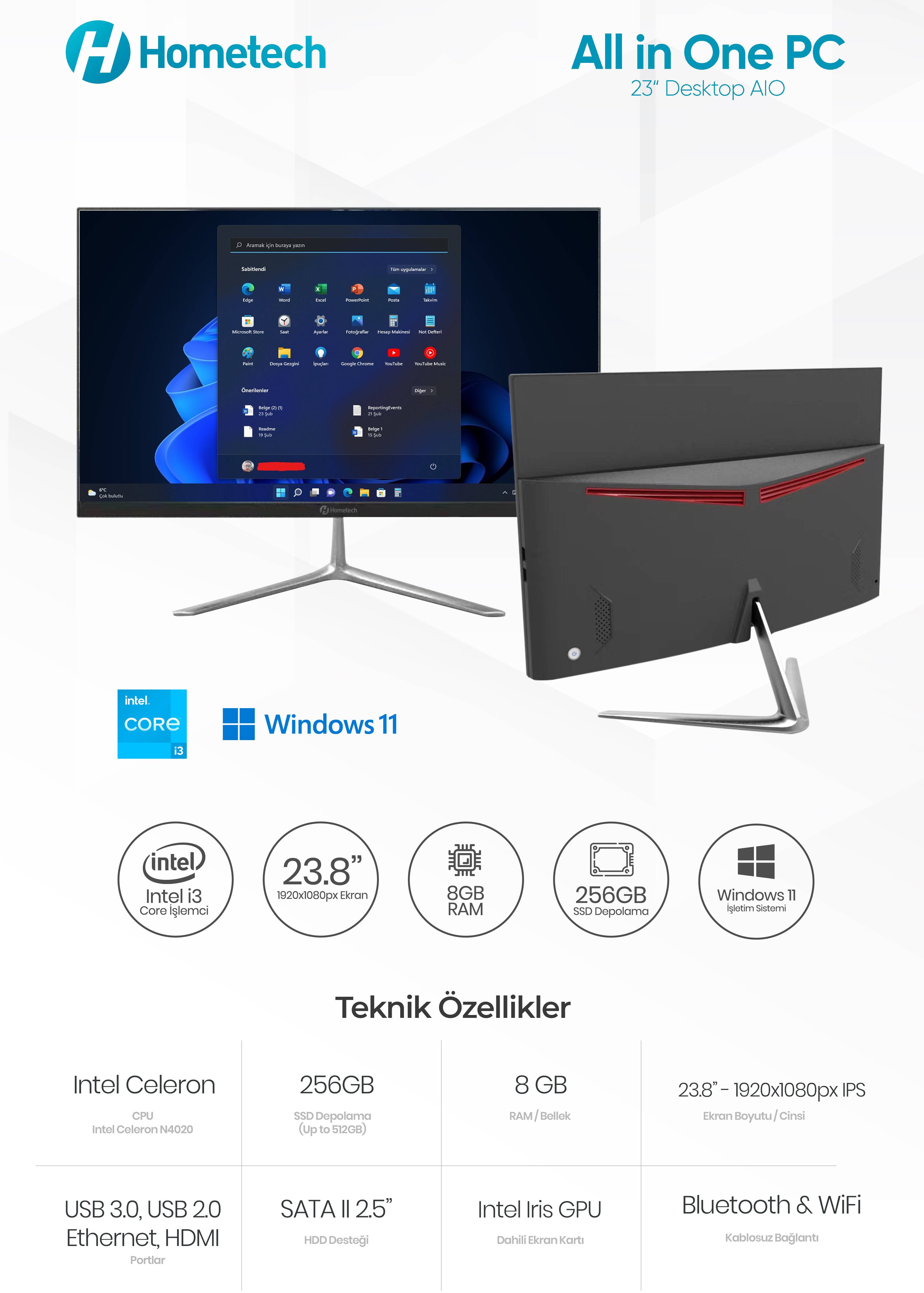 Hometech Windows Hometech Aıo 3250 Intel Core I3 1000NG4 8 GB 256 GB Windows 11 Home 23. ...