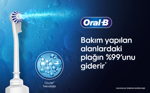 Mavi fonda OxyJet püskürtme başlığı ve plağı nasıl giderdiğini açıklayan metin.