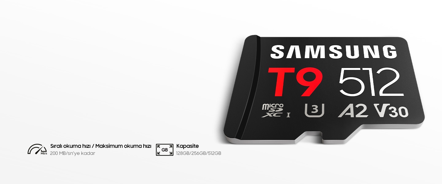The microSD Card T9 lies flat on a white background. A speed gauge icon is next to the words 