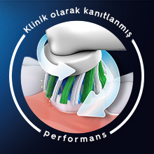 3 Boyutlu Teknoloji Klinik olarak kanıtlanmış performans hakkındaki metinle çevrelenmiş, dişi temizleyen fırça başlığı.