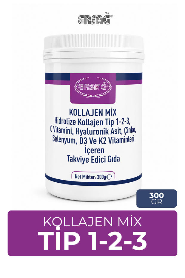 ERSAĞ Kollajen Mix Tip 1-2-3 C Vitamini Hyaluronik Asit İçeren Takviye Edici Gıda 300 GR