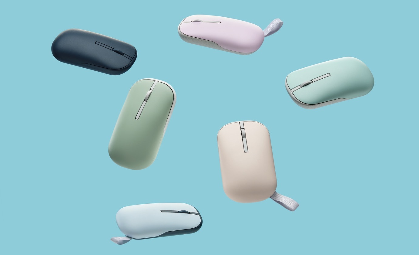 Soldan sağa doğru altı renkte gösterilen ASUS Marshmallow Fare MD100 - Oat Milk, Green Tea Latte, Quiet Blue, Solar Blue, Lilac Purple ve Brave Green.
