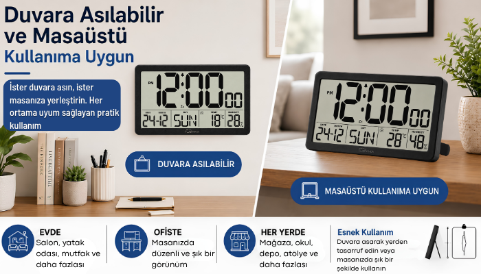 LCDSY75 Siyah Dijital LCD Saat kullanım şekilleri