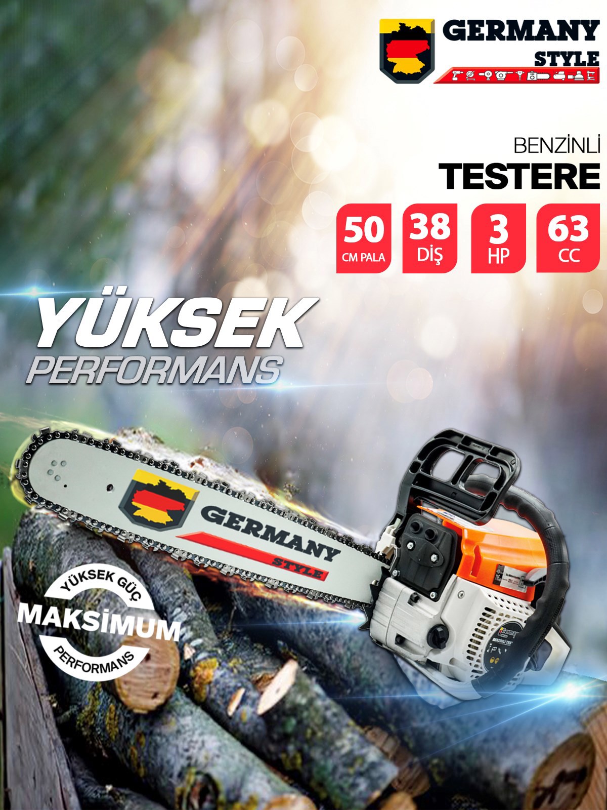 Germany Style 15 Hpx 63cc Ağaç Odun Dal Kesme Makinesi Motorlu