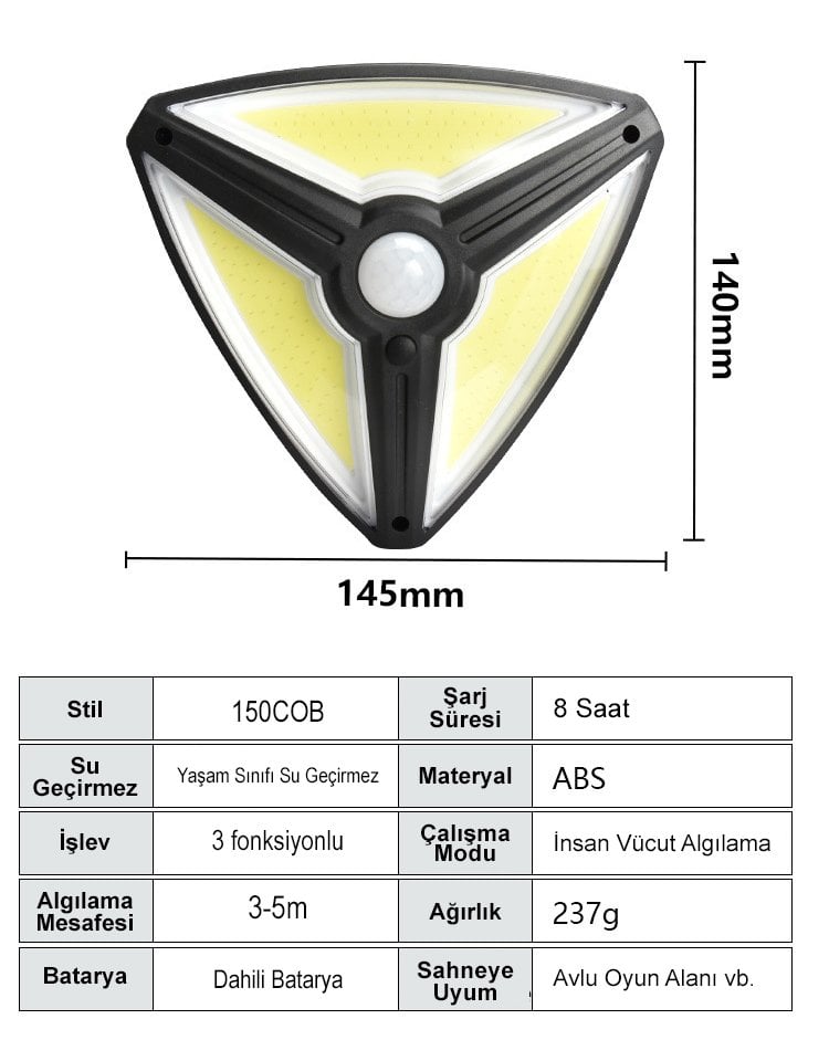 Powermaster MX-1219B 150 Cob Ledli Sensörlü 3 Modlu Solar Duvar Lambası İçerik