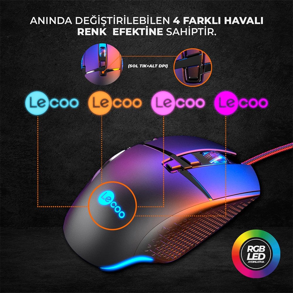 Lecoo MG1101 6400 DPI 7 Tuşlu Kablolu RGB Led Aydınlatmalı Gaming Oyuncu Mouse