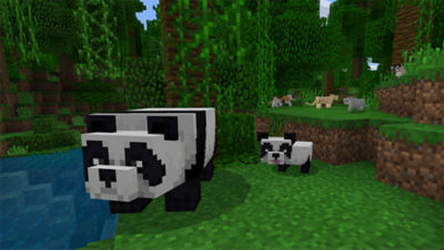 Anne ve bebek pandanın ormanda suyun yakınında dolaştığını gösteren PS4 Minecraft Başlangıç ??Koleksiyonu ekran görüntüsü
