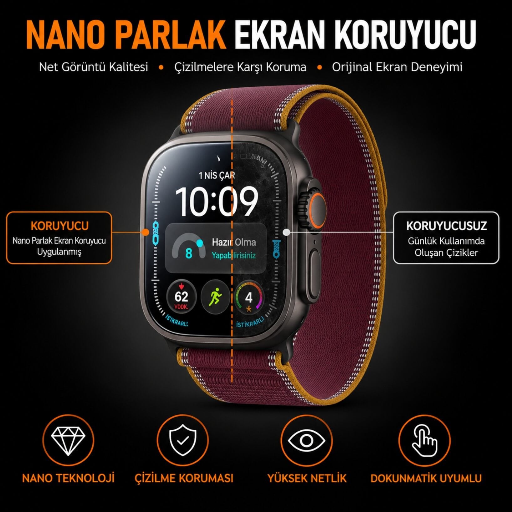 Apple Watch Ultra 4 49mm Ekran Koruyucu A3579 Nano Parlak 9H