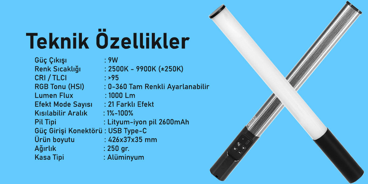Gdx TB-40 RGB Led Tüp Işık (Uzunluk: 40 cm)