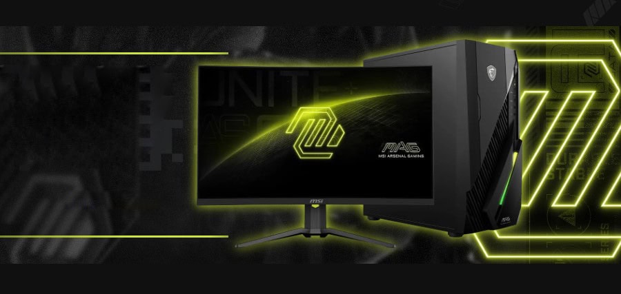 Görüntüde MSI Arsenal Gaming masaüstü bilgisayar ve ekran, yüksek performanslı oyun bilgisayarları, profesyonel oyun donanımı ve oyun aksesuarları.
