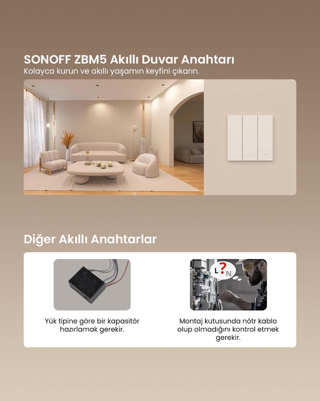 ZBM5-1C-80W ZigBee Akıllı Duvar Anahtarı Nötr ve Nötrsüz Uyumlu