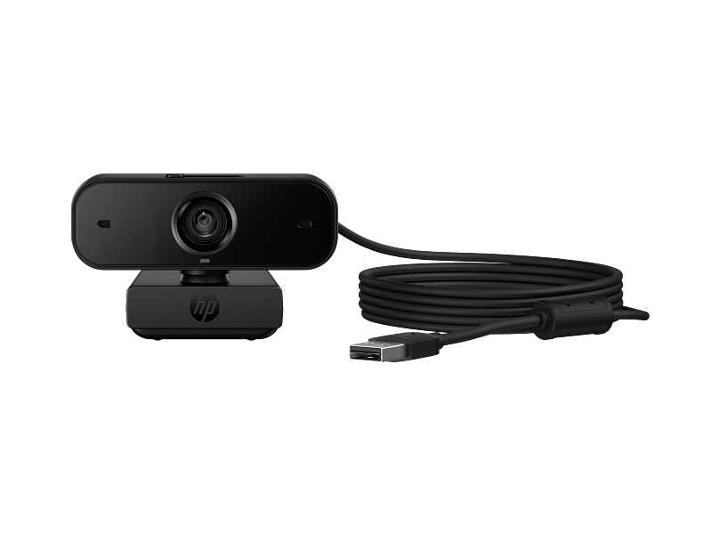 HP 435 FHD Webcam JetBlack ShutterOpen CableCoiled CoreSet Front WhiteBG