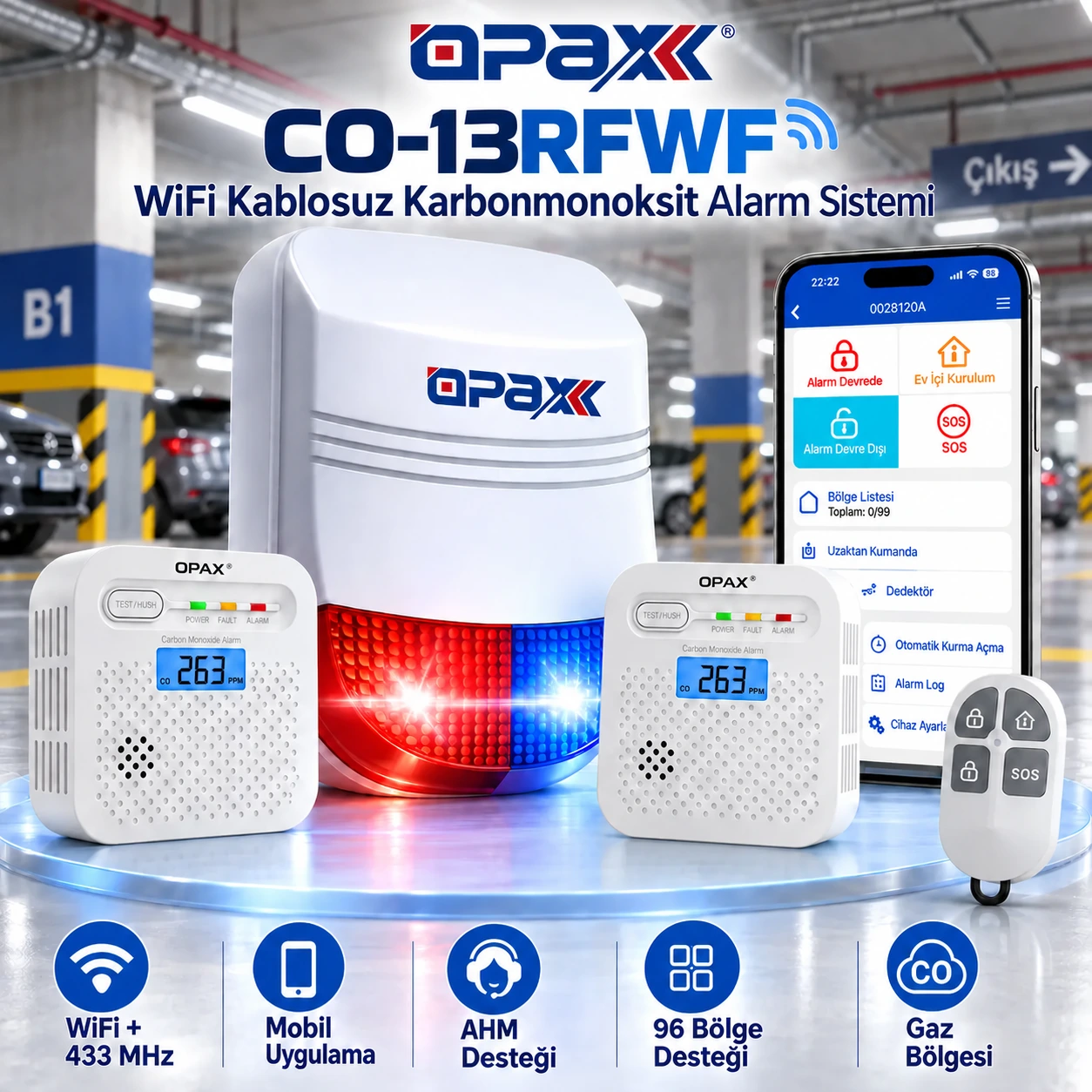 OPAX CO-13RFWF setinde kullanılan BGR-13 WiFi Siren Alarm Paneli ve CO dedektörü görseli