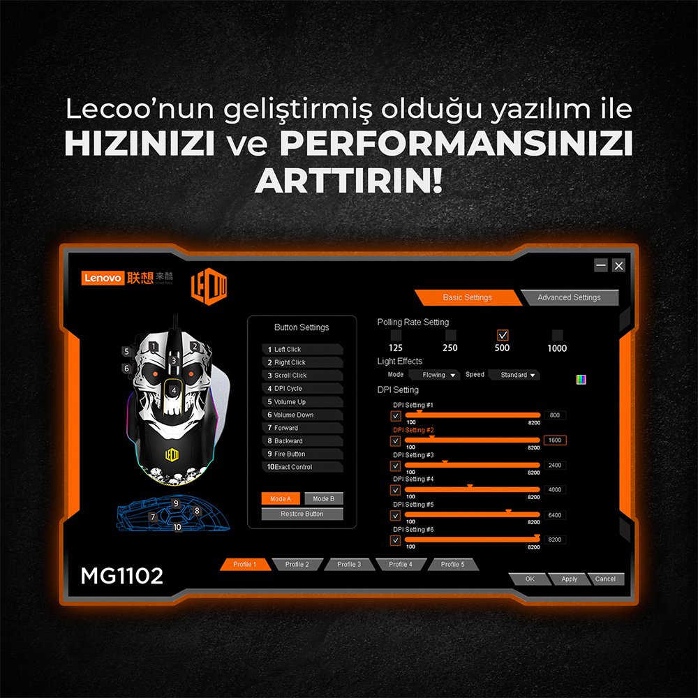 Lecoo MG1102 8200 DPI 10 Makro Tuşlu Kablolu RGB Ledli Gaming Mouse + Mousepad
