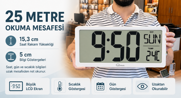 Loyka LCD200JUMBO Büyük Ekranlı Dijital Duvar Saati Okuma Mesafesi