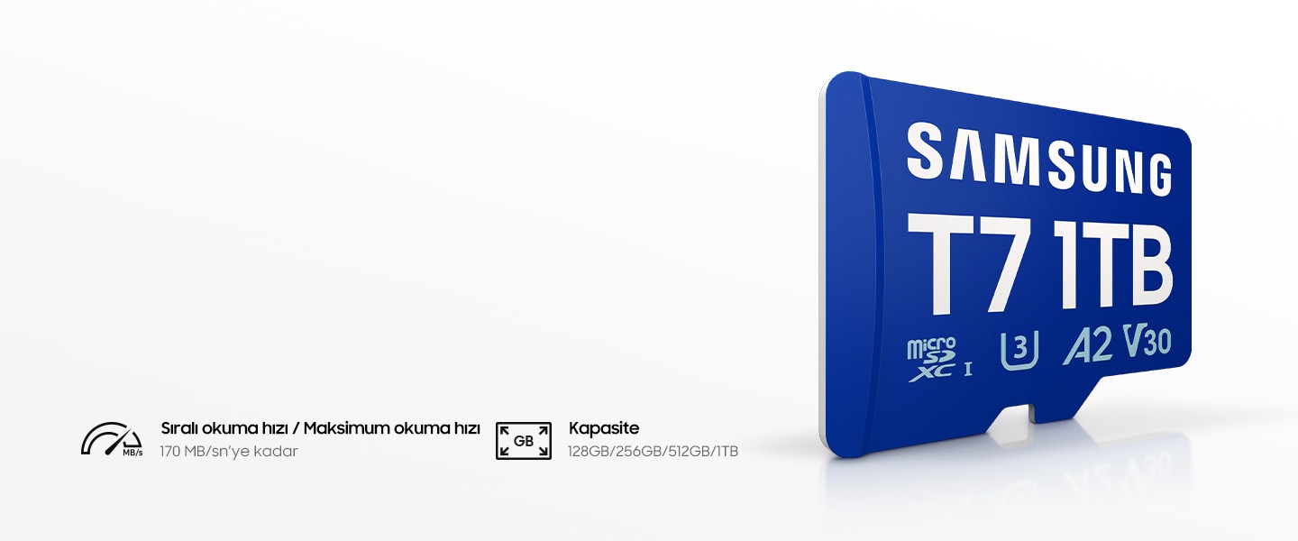 T7 microSD Kart beyaz bir arka planda duruyor. 